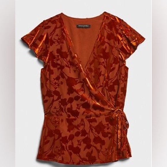 Banana Republic Orange Muir Wood Velvet Wrap MED Flutter Sleeve Top Blouse - Picture 2 of 5